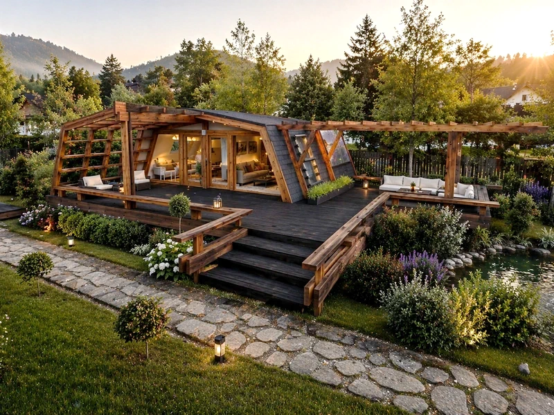 A compact post-and-beam retreat with an open timber deck set in a garden landscape